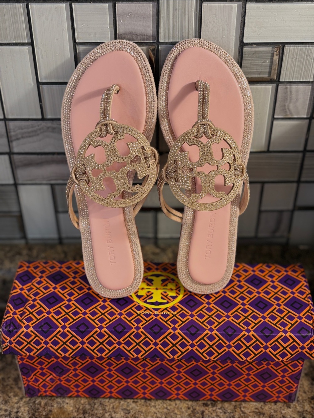 Tory Burch Pink and Gold Miller Logo Sandals